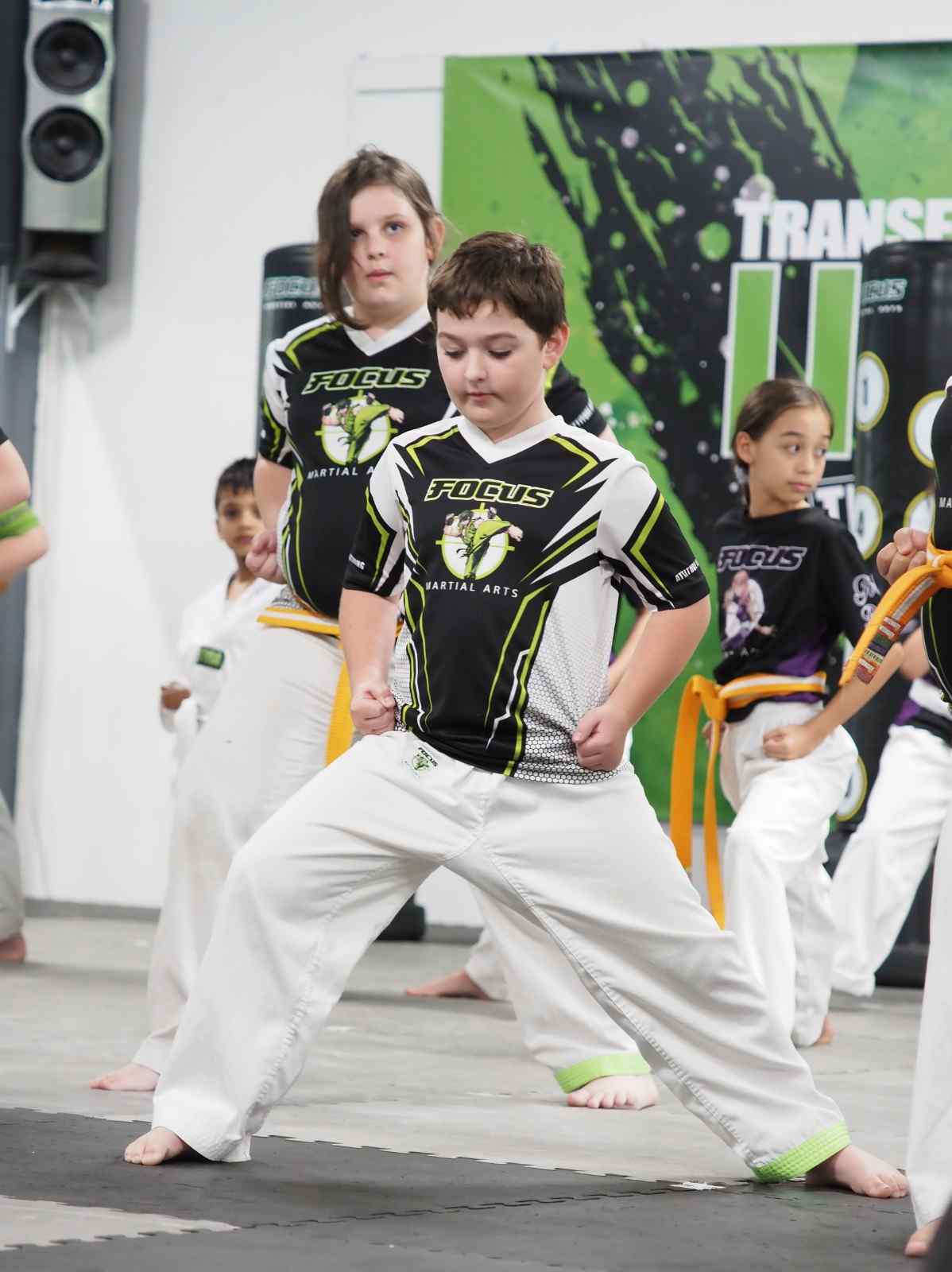 kids martial arts class demonstrating martial arts moves.