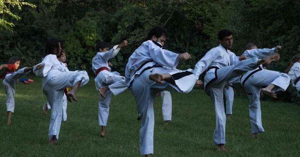 Karate students practicing kicks outdoors for basic karate techniques