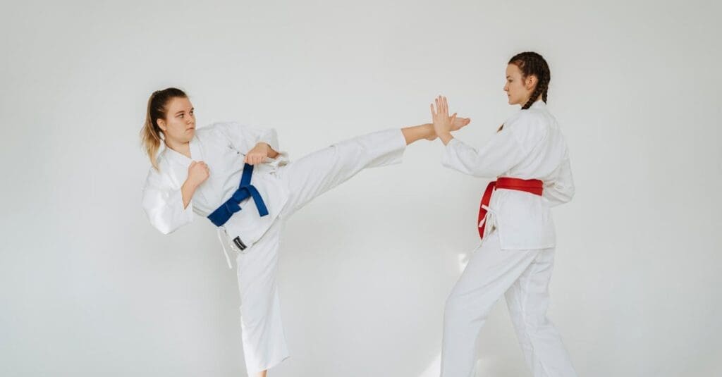 Students practicing kicks in a taekwondo training guide for beginners class