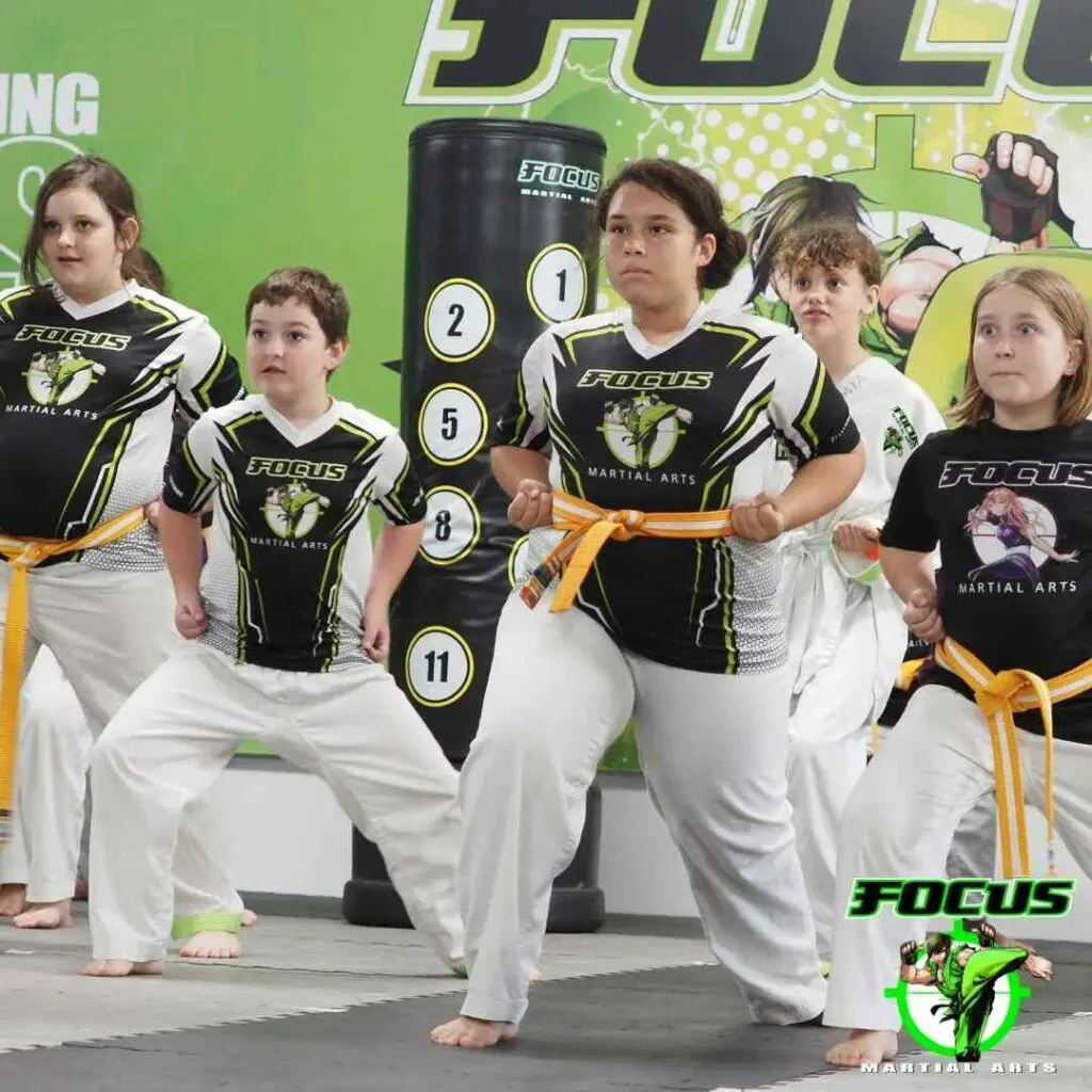 A group of kids performing a horse stance during a dojo training session representing the Brazilian Jiu-Jitsu belt system.